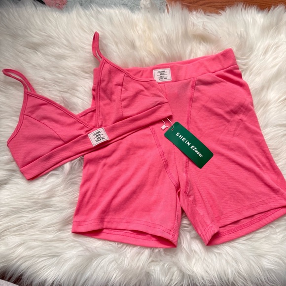 SHEIN Pink Ribbed Bralette and Shorts Set - Picture 2 of 5